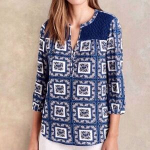 Anthropologie Blue and White Patterned Blouse